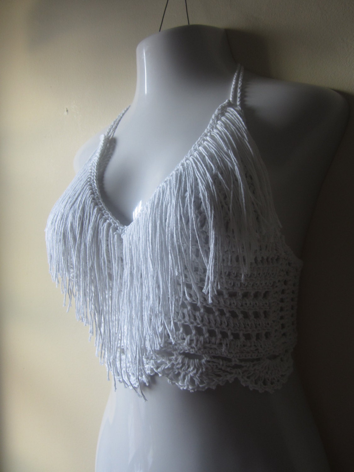 Crochet Fringe Cropped Halter Top White Festival Bikini