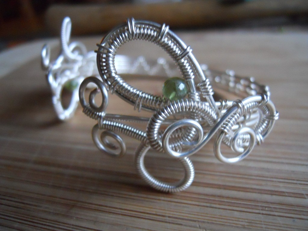 Handcrafted Cuff Bracelet Silver Wire Wrapped with Green