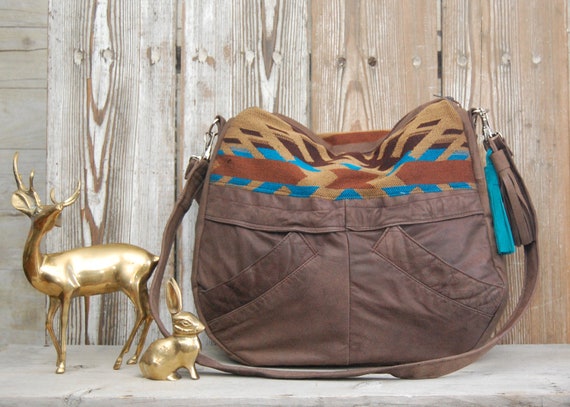 TUNDRA /// brown leather bag with navajo southwestern fabric