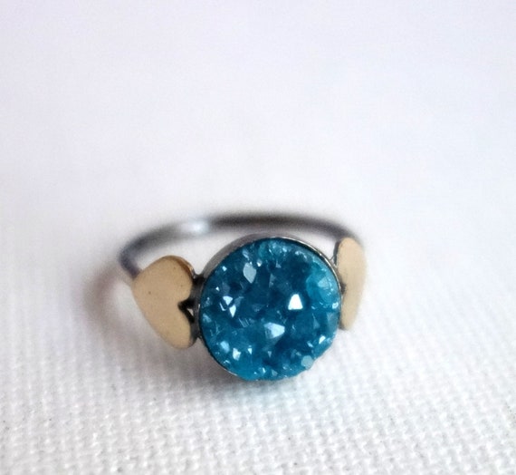 Handmade Sterling Silver Teal Druzy Ring with Hearts