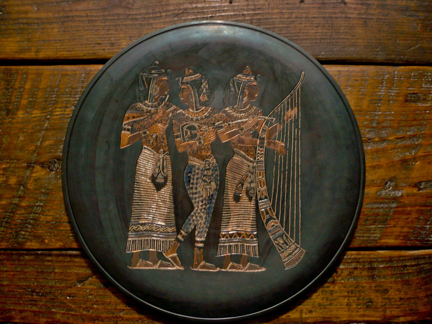 Vintage Egyptian Copper Plate Hand Embossed Silver by