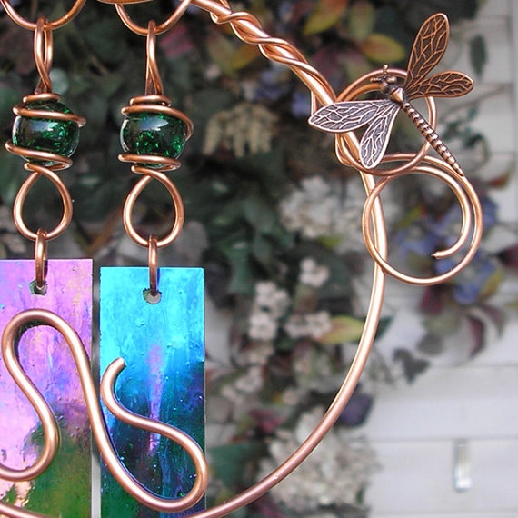 Dragonfly Wind Chimes Copper Garden Art Sculpture Stained