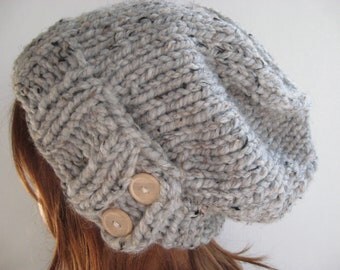 Slouchy Knit Hat, Cloche Hat, Chunky Wool Hat / KEYSTONE / Grey Marble