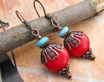 red earrings Southwest earrings dangle drop earrings - Boho Bohemian jewelry fashion