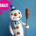 SALE Winter Decoration Snowman on Snow Blocks and Broom - clay folk art sculpture