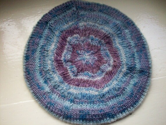 Tam beret  hand knit ice blue dusky grays by SpinningStreak