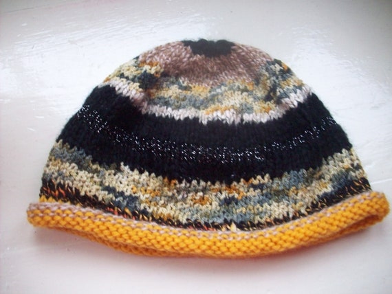 Beanie hat wool knit unisex  black mustard by SpinningStreak