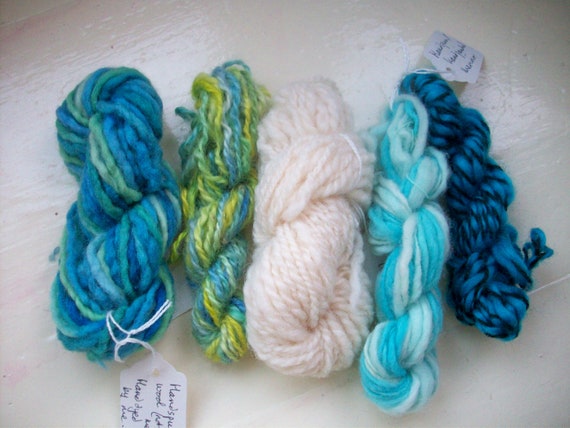 Handspun mini skeins blue green white by SpinningStreak on Etsy
