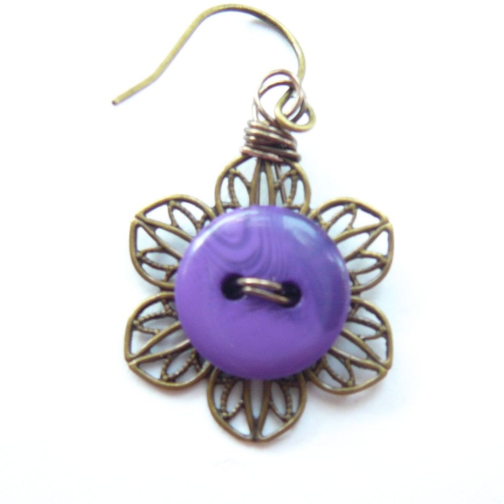 Purple Vintage Button Earrings with Antique Brass Filigree
