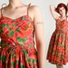 Vintage 1950s Dress - Tangerine Summer Dress in Vibrant Floral Color - Large