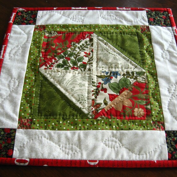 Hand quilted Christmas table mat Swiss Holiday for Moda red