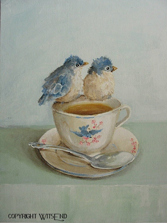 Birds Teacup painting original Bluebird art still life FREE USA shipping