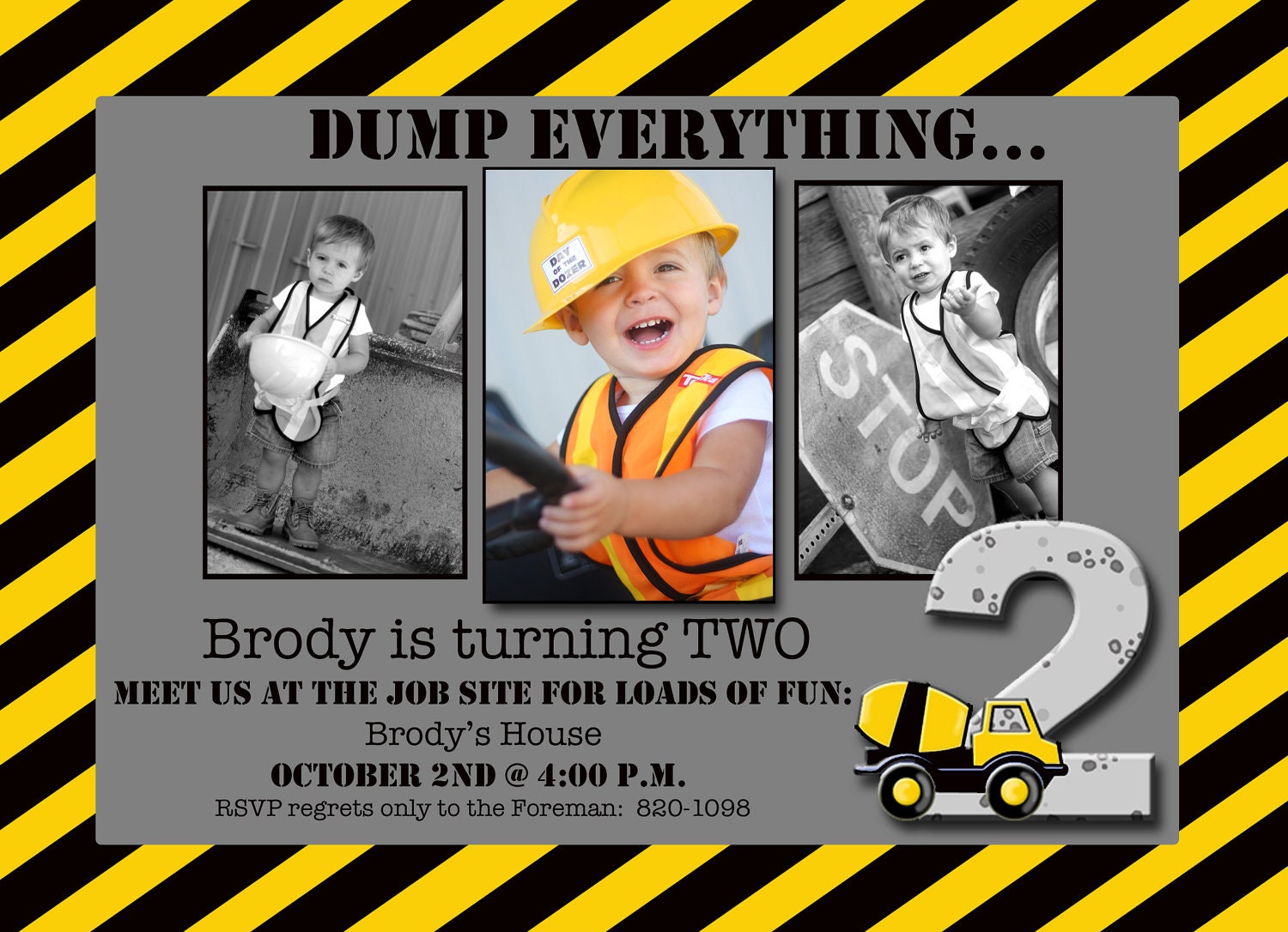 Boy Construction Theme Photo Card Invitation Custom 5x7