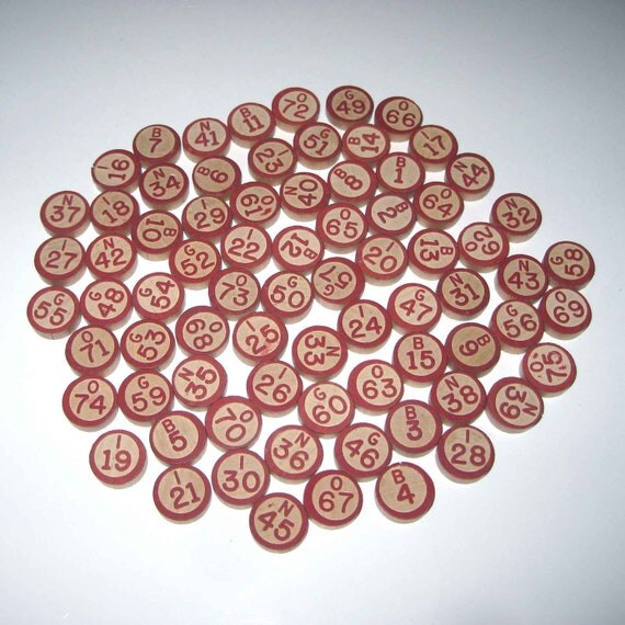 Vintage Wooden Bingo Game Pieces with Red by grandmothersattic