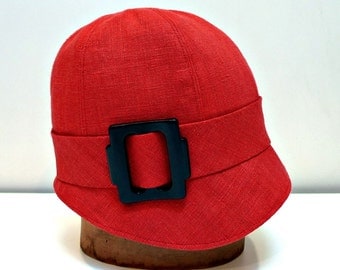 Cloche Hat in Red Linen with Vintage Buckle - MADE TO ORDER