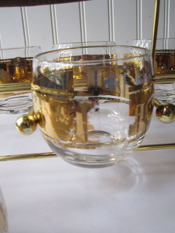 Vintage Regal Gold Bar Glasses Set of Eight with Metal Carrier