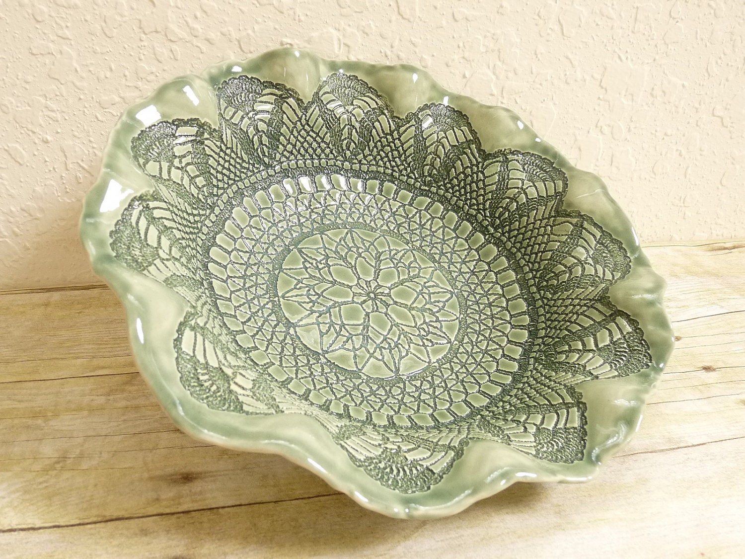 Ceramic Bowl with Lace Doily Beautiful Green Handcrafted