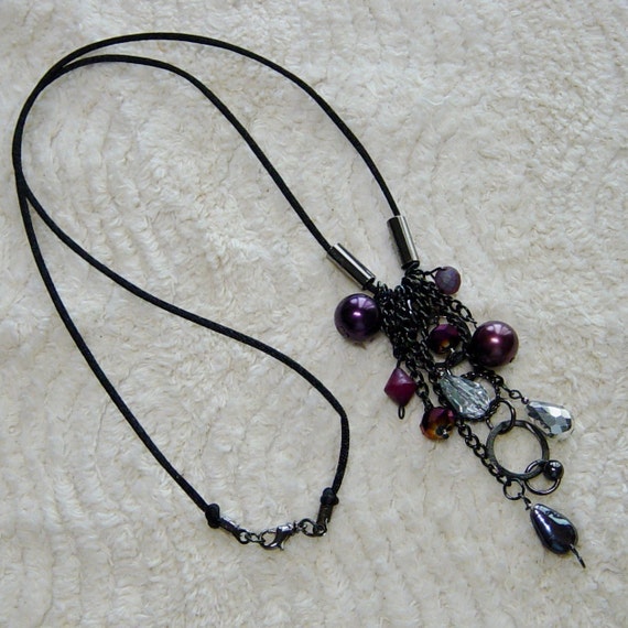 Black Satin Cord Beaded Tassel Necklace with Black Chain and Purple and