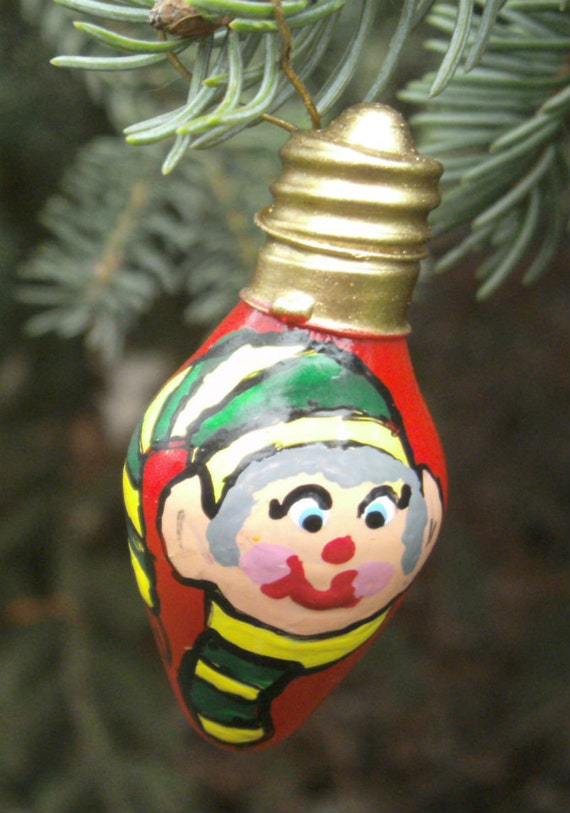 Mini Elf Light Bulb Ornament Green and Gold by CarriesCraftStore