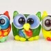 Mini Owl Trio Lampwork Glass Beads - yellow, green, red