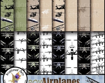 Boy Airplanes set 2 INSTANT DOWNLOAD with 17 jpg files Digital scrapbooking papers with bi planes airliners black hawk choppers