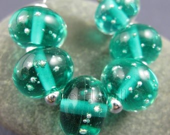 Art glass lampwork beads, "Teal Twinkle" set of 6 beads, FHFTeam Y3, GBUK, SRA