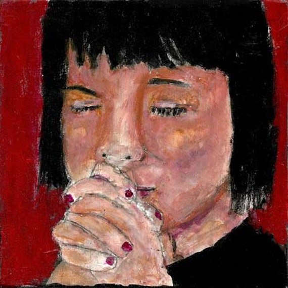 Acrylic Portrait Painting Religious Spiritual Original Prayer Praying Hands 6x6 canvas board little girl No 8