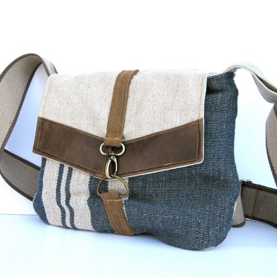 Satchel // Blue and White Striped Jute Cream Tweed by RACHELelise