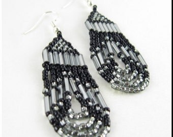 Native American Style Seed Bead Earrings Dangle in Loop De Loop Metallic Gray