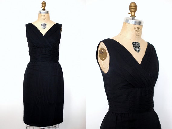 50s black dress / 50s cocktail dress / 1950s black silk dress