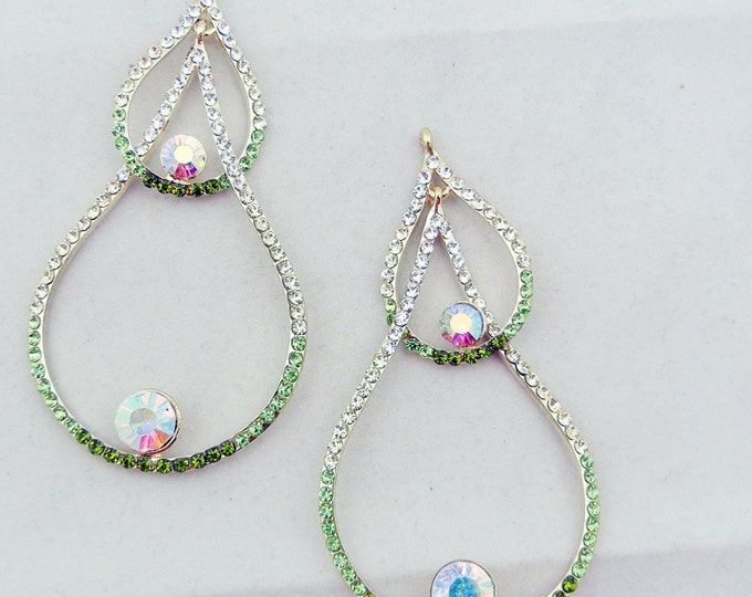 Pair of Gold-tone Green Peridot Rhinestones Teardrop Outline Charms