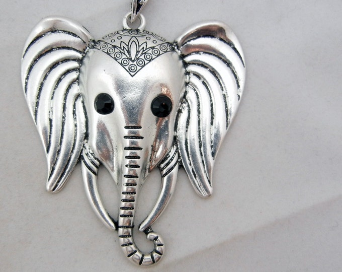 Antique Silver-tone Elephant Head Pendant with Black Rhinestone Eyes