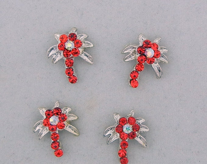 Set of 4 Tiny Red Rhinestone Palm Tree Slide Charms Silver-tone