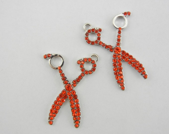 Pair of Silver-tone Red Orange Rhinestone Scissor Charms