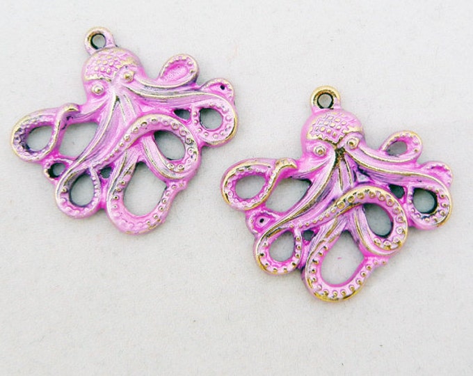 Pair of Antique Gold-tone Pink Washed Octopus Charms