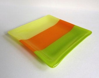 Citrus Stripes Fused Glass Plate in Yellow, Orange and Green by BPRDesigns