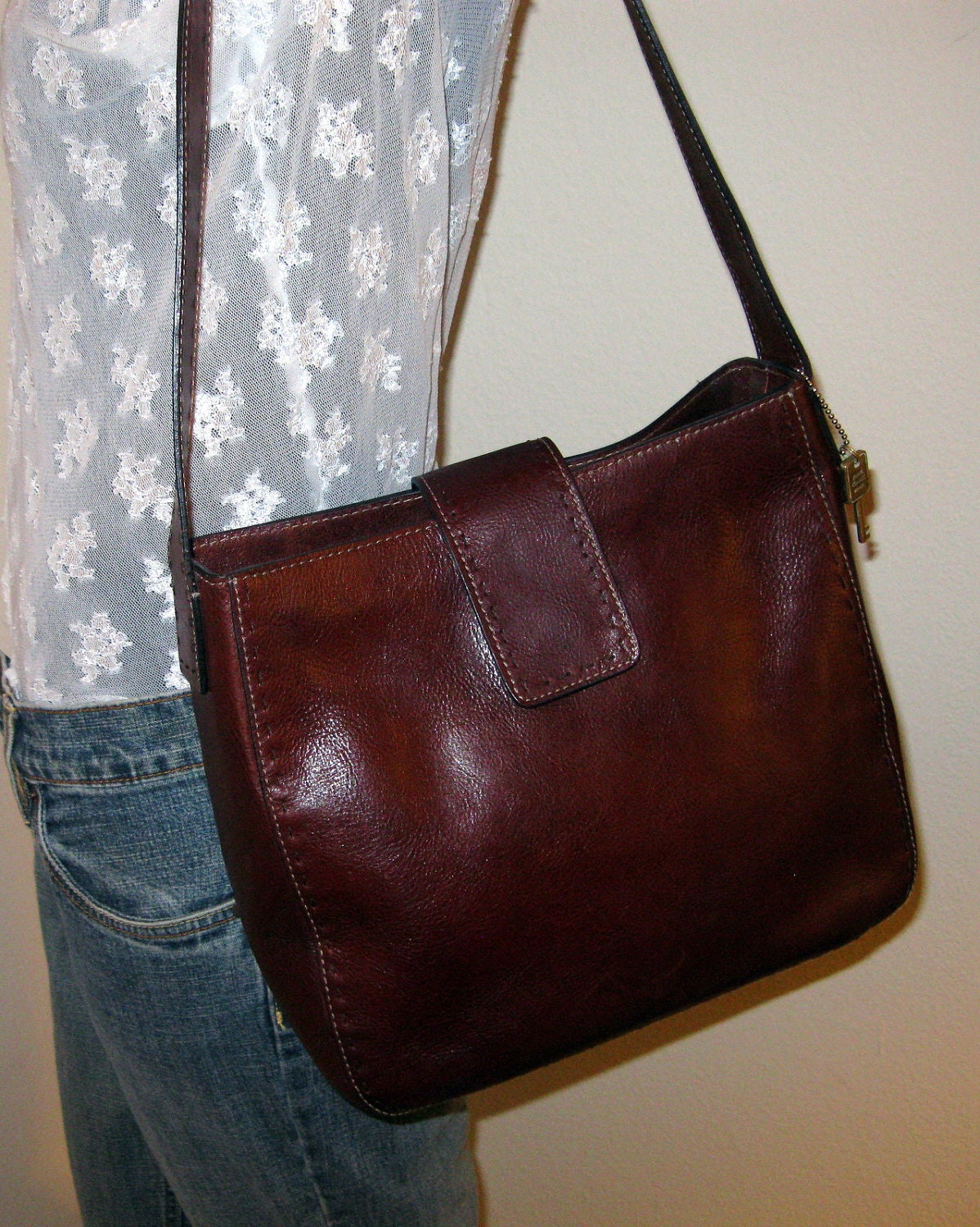 Fossil Sedona tote bag purse in glazed leather vintage