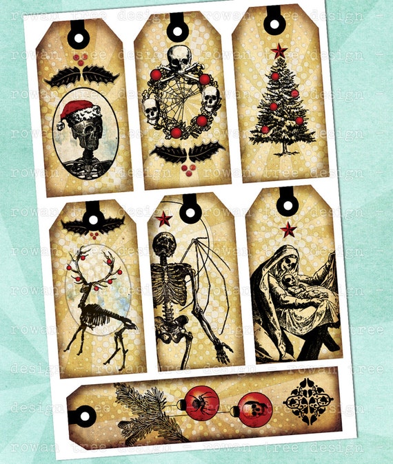 gothic christmas printable tags and bookmark digital collage