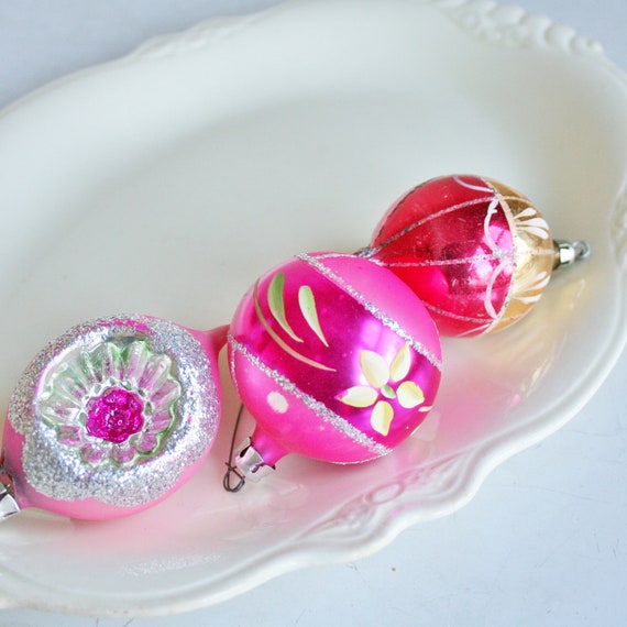Three Vintage Pink Glass Christmas Ornaments