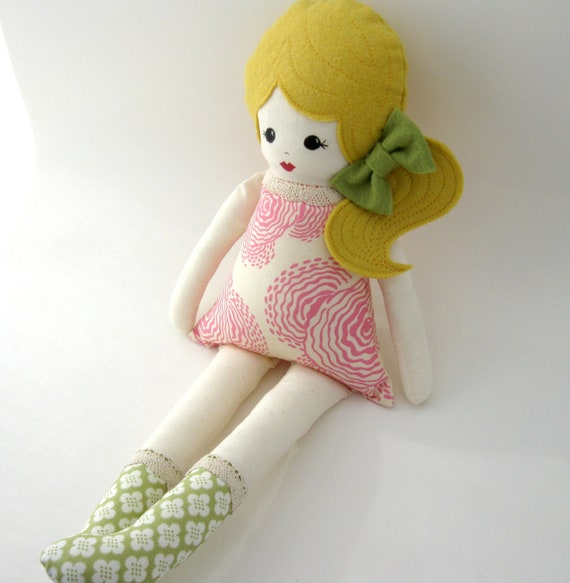 Cloth Rag Doll with blonde Hair and Amy Butler fabric dress