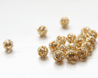 4pcs Czech Gold Tone Base Metal Rhinestone Balls - Crystal 6mm (1087)