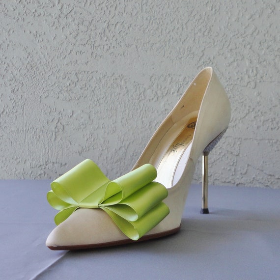 Apple Green Satin Ribbon Bow Shoe Clips Set Of Two More