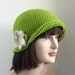 Green Crochet Hat - Womens Cloche - Ladies Flapper with Beige Flower - Fall Fashion Accessories
