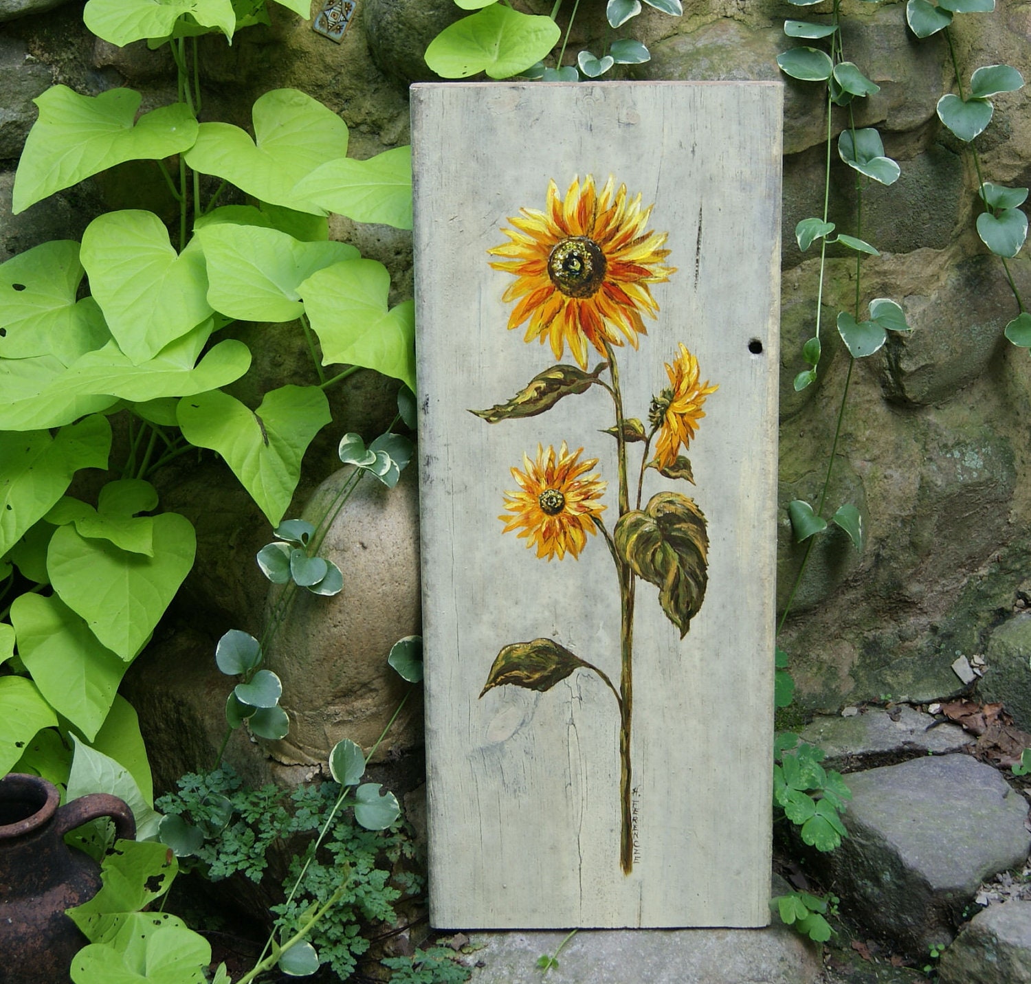 Sunflower Painting Original Acrylic On Vintage Wood Shelf