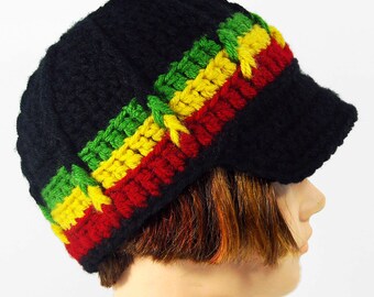 Newsboy Style Beanie Hat with Visor Brim, RASTA