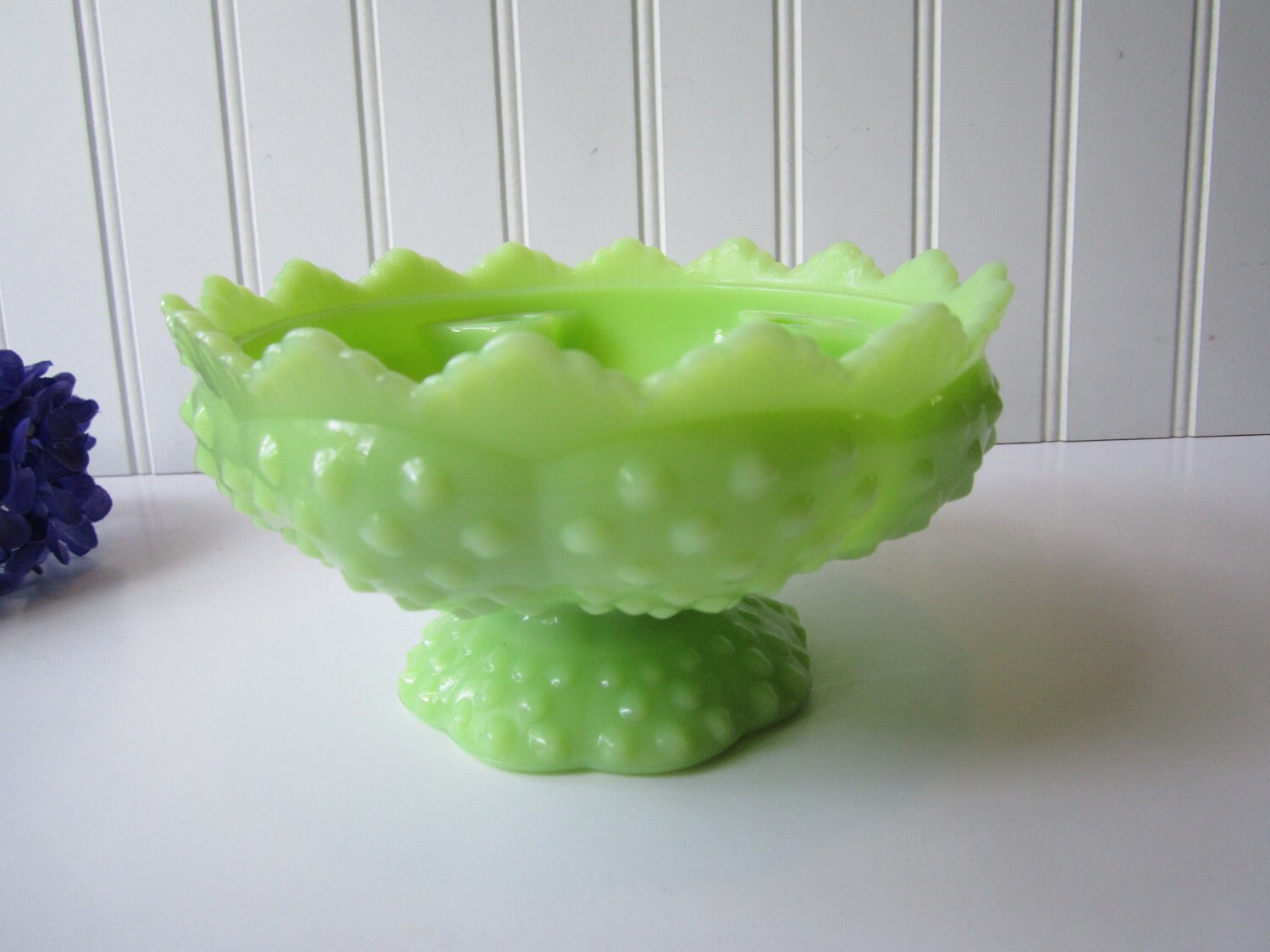 Vintage Fenton Lime Green Milk Glass Hobnail Candle Bowl