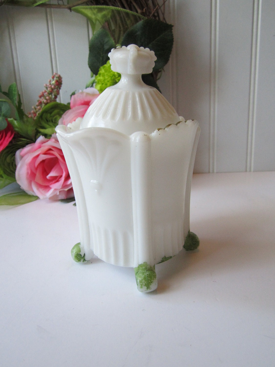 Vintage Milk Glass Unique Creamer/Sugar Bowl Cottage Chic