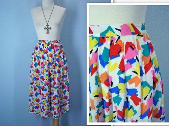 Vintage High Waist Skirt / Color Pop Abstract Pleated Skirt / med