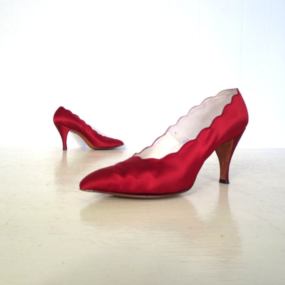 red satin high heel shoes