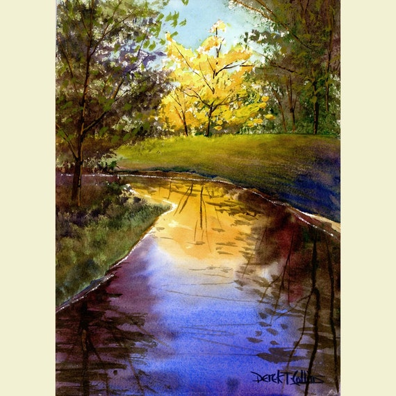 Items similar to Watercolor Landscape Painting Print River Fall trees ...